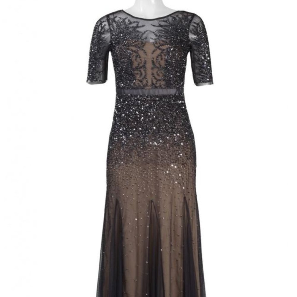 Adrianna Papell Gunmetal Beaded Godet Gown with Sheer Sleeves